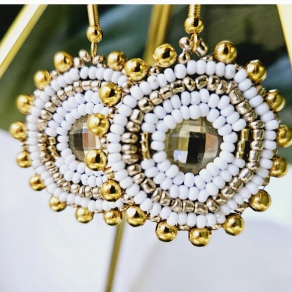 2/$27 | White + Gold Beaded Bohemian Indigenous Native Hoop Earrings | Handmade - Picture 1 of 10